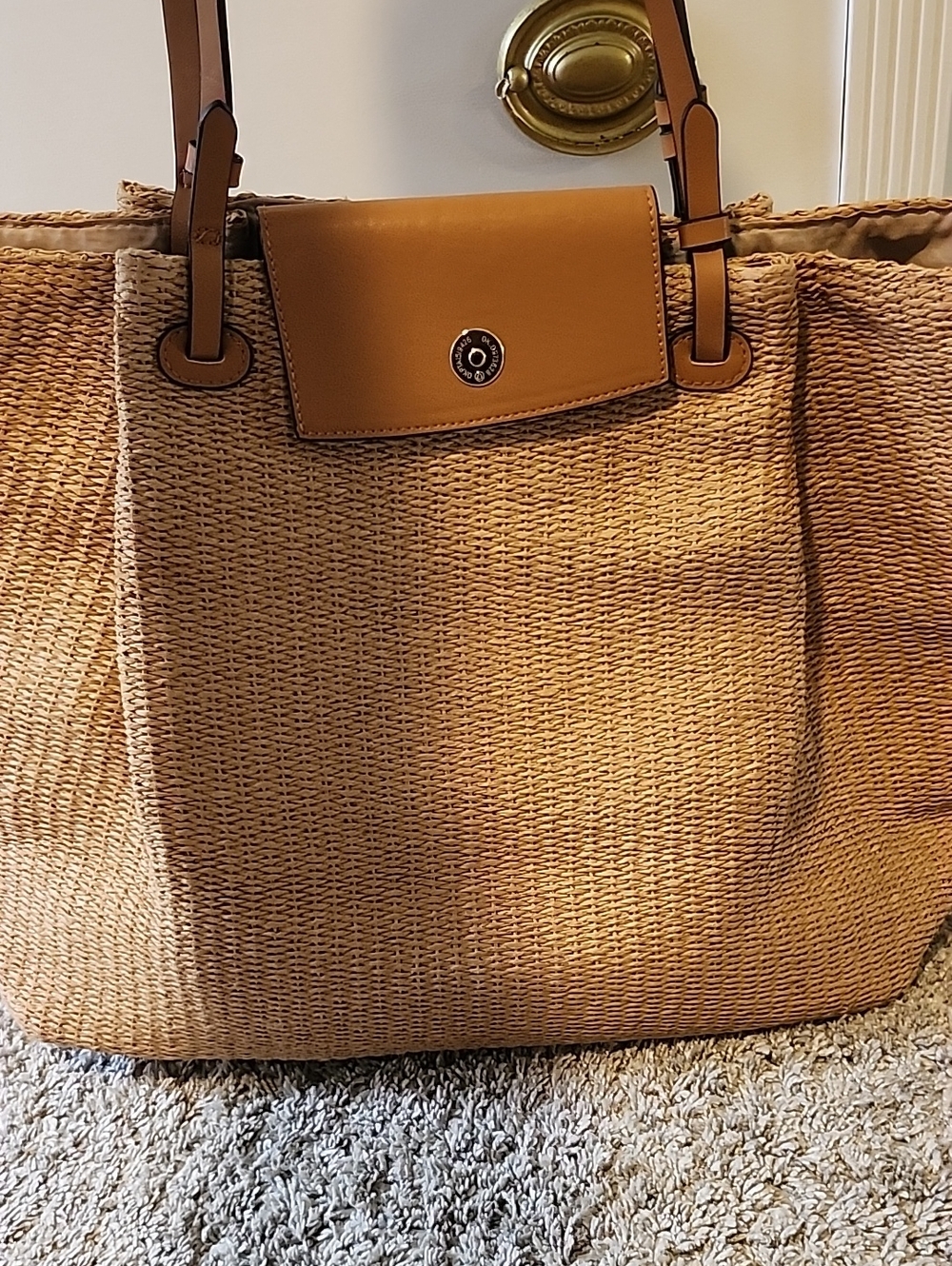 Woven Straw Tote Bag with Tan Leather Trim - Large